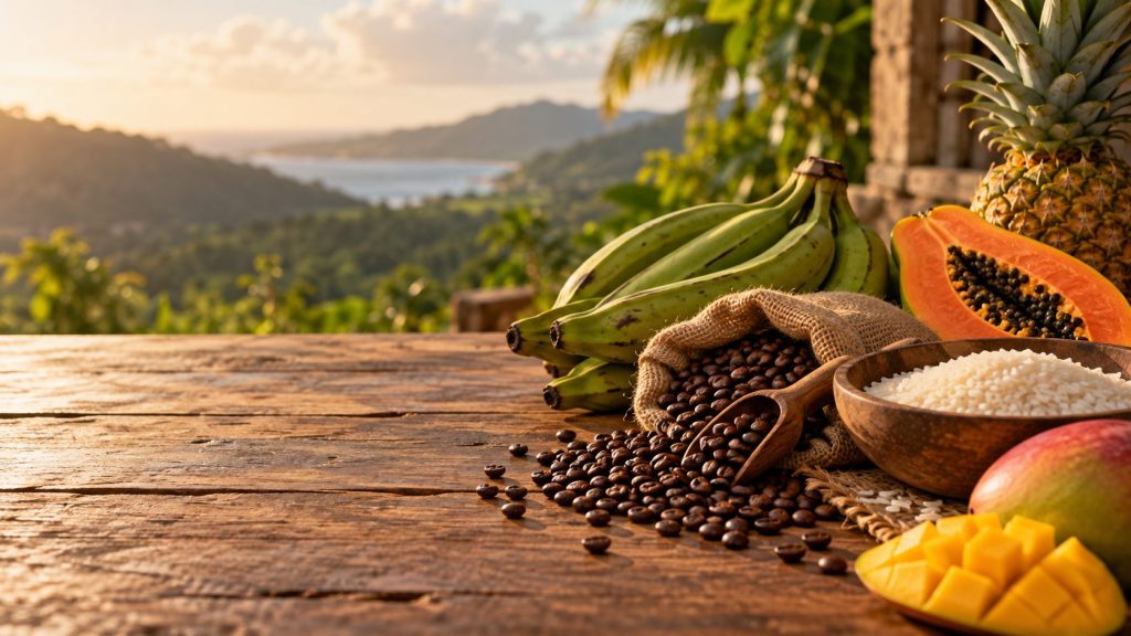 Puerto Rican staples, including coffee beans, plantains, rice and tropical fruit, on a rustic table with a hillside view